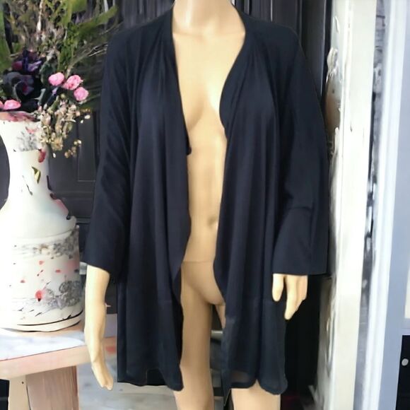 Natori Kimono L Navy Blue Cardigan Dolman Batwing Sleeve Satin Trim Sheer Flowy - Picture 13 of 16